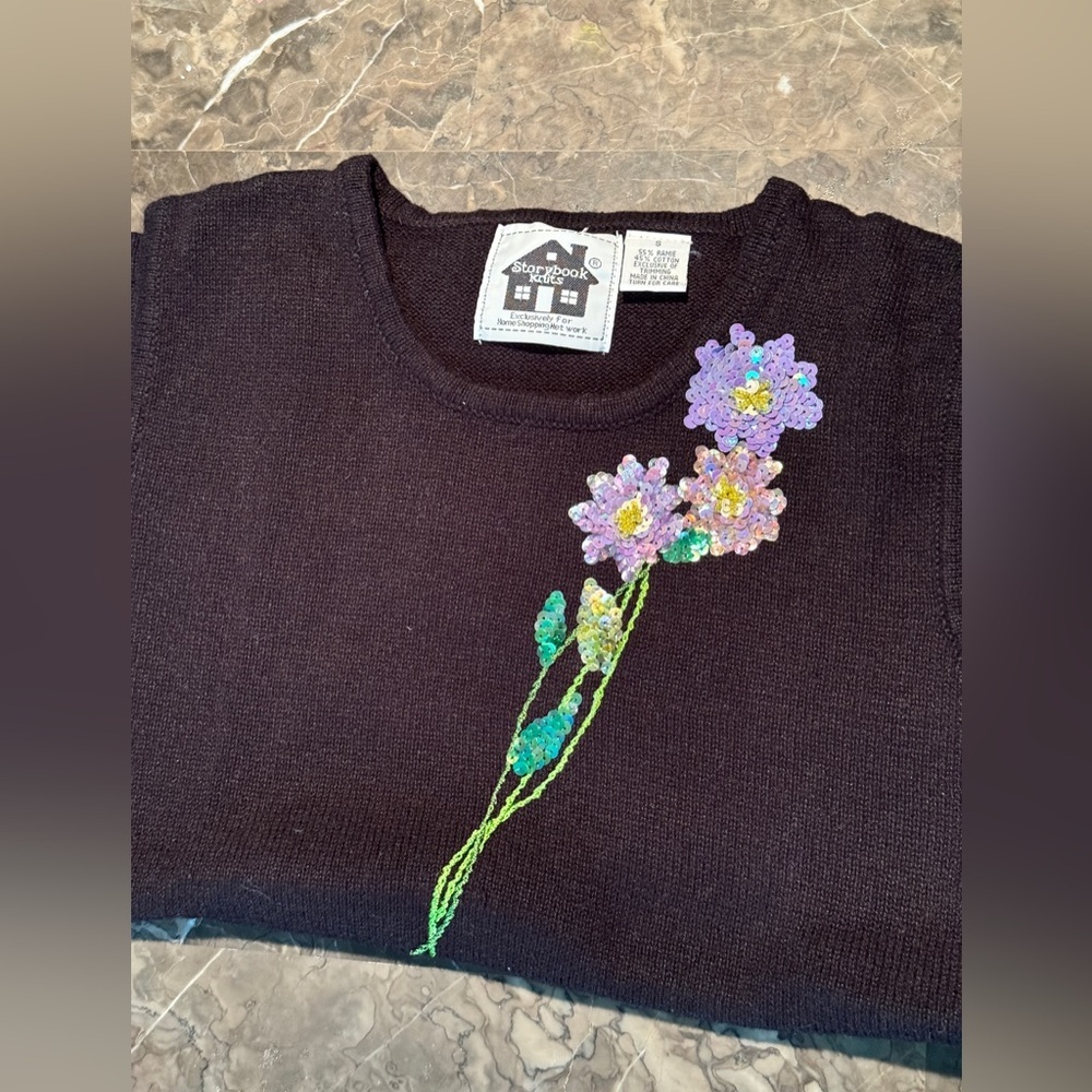 Ramie and Cotton Black Sweater with Purple Floral Design